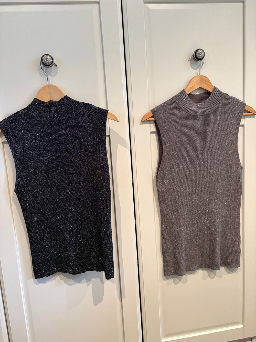 2 Sleeveless Holiday Sparkle Knit Tops Black and Silver